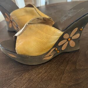 Yellow Leather Floral Accent Wedge Sandals